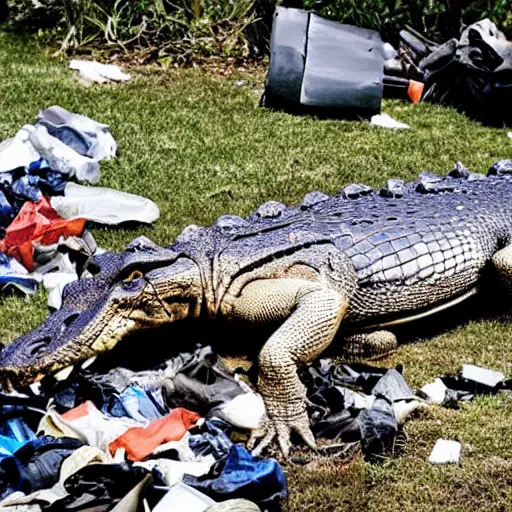 Image similar to one large alligator on a leash sleeping next to a very large mound of trash, papers, junk, and metal parts