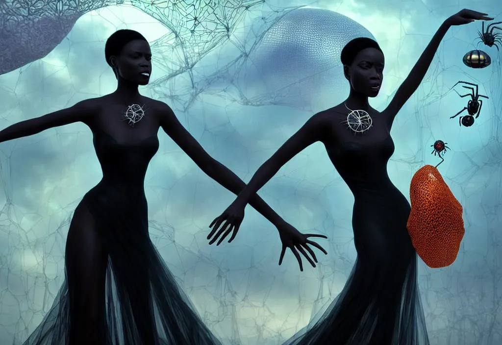 Image similar to realistic detailed portrait movie shot of a beautiful black woman in a transparent sheer fabric dress dancing with a giant spider, futuristic sci fi landscape background by denis villeneuve, monia merlo, yves tanguy, ernst haeckel, alphonse mucha, max ernst, caravaggio, roger dean, sci fi necklace, masterpiece, dreamy, rich moody colours