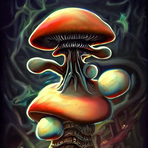 Image similar to beautiful painting of mushroom monster from maplestory in the style of Welder Wings and H. R. Giger. Dark background, detailed, trending on Artstation