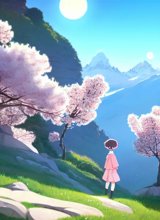 Prompt: a wholesome animation key shot, swiss alps peaks in the background, cherry blossoms in the foreground, studio ghibli, pixar and disney animation, sharp, rendered in unreal engine 5, anime key art by greg rutkowski, bloom, dramatic lighting