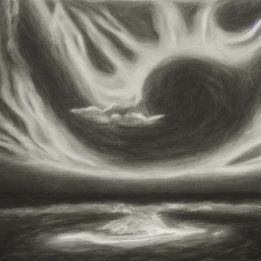 Image similar to surrealism charcoal painting of the end of the world., horror,