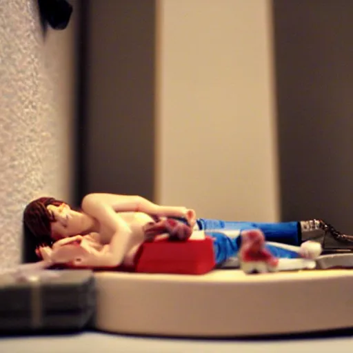 Image similar to eminem lying in tracey emin's bed, stop motion vinyl action figure, plastic, toy, butcher billy style