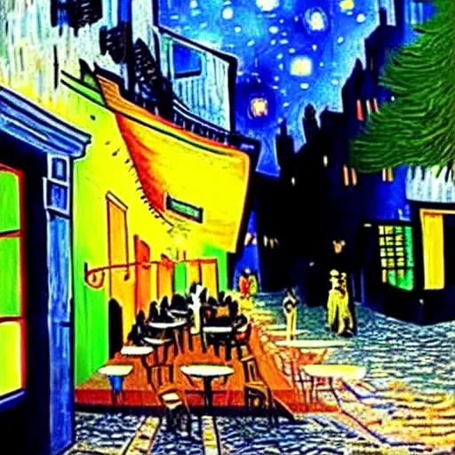 Image similar to Photo of Cyberpunk Cafe Terrace at night by Vincent Van Gogh in real life