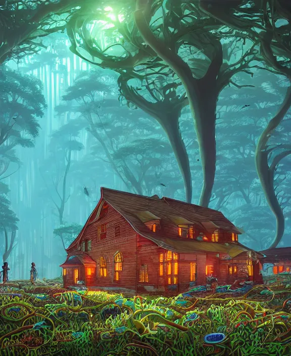 Image similar to an enormous schoolhouse made from jellyfish, overgrown with huge colorful exotic fungus, deep in the woods, noon, sun drenched, partly cloudy, by dan mumford, yusuke murata, makoto shinkai, ross tran, cinematic, unreal engine, cel shaded, featured on artstation, pixiv