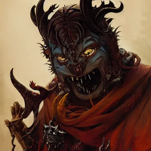 Image similar to head and shoulders portrait of a rakshasa, d & d, fantasy, greg rutkowski, frank frazetta, alexandre chaudret, boris vallejo, michael whelan, miro petrov, hr giger, magali villeneuve, donato giancola