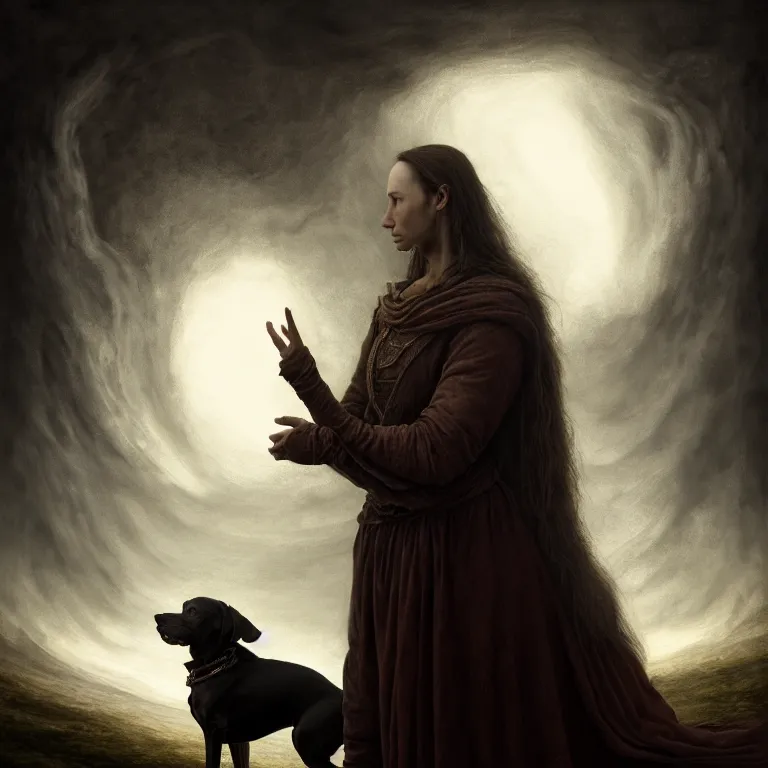 Image similar to renaissance professional digital art of a traveler with a faithful dog, symmetrical face, atmospheric lighting, painted, complex, detailed, detailed, foreboding, mysterious, leesha hannigan, wayne haag, reina rocin, ignacio fernandez rios, mark ryden, iris van herpen, epic, stunning, magnificent, very wow, cinematic, masterpiece.