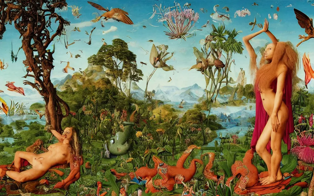 Prompt: a portrait photograph of a meditating sphinx and a centaur king riding birds and hugging tropical animals at a river delta. surrounded by bulbous flowers, animals and trees. mountain range under a blue sky of burning stars. painted by jan van eyck, max ernst, ernst haeckel and ernst fuchs, cgsociety, artstation, fashion editorial, 8 k