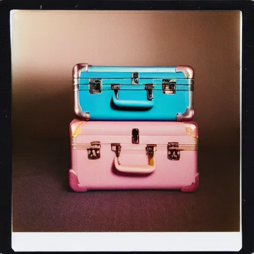 Image similar to a pastel coloured Polaroid holiday snap of a iridescent suitcase that it open and revealing rows of neatly folded socks