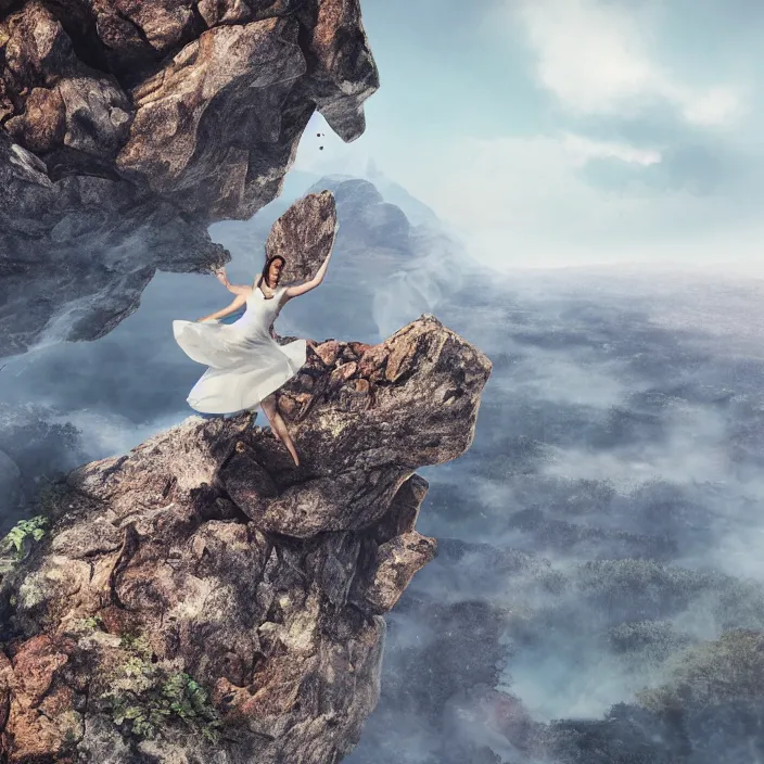 Image similar to a woman dancing on top of a very high surreal building on top of the mountains, nature, plants, fire, rocks, water, bark, hyper realism, high detail, octane render, 8k, chrome accents