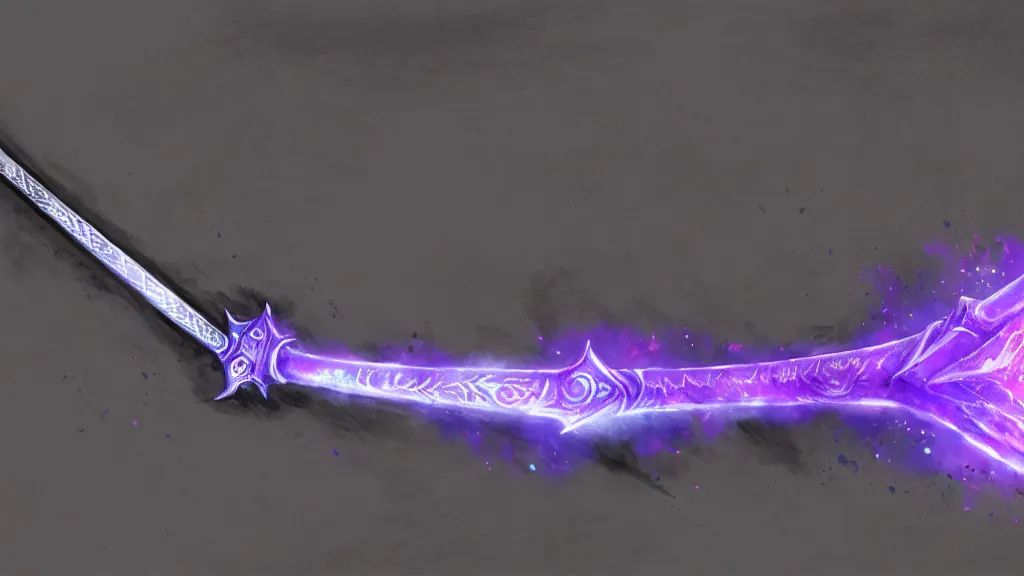 Image similar to 3 feet long broad sword, frostmourne, purple glowing inscription, 8 k, 4 k, concept art, digital painting, game concept art, lord of the rings, fantasy setting