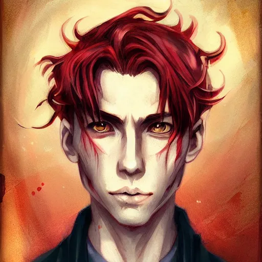 Image similar to headshot portrait of male anime character extremely sharp jaws slit yellow eyes medium length red hair inspired by tom hiddleston by anato finnstark, tom bagshaw, brom