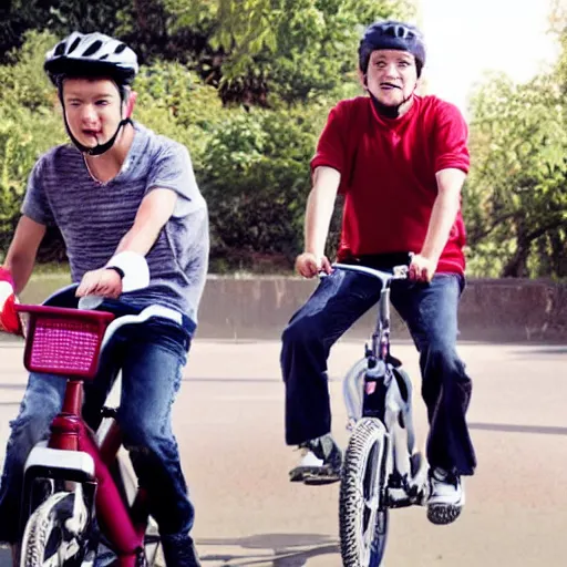 Prompt: photo of a drama movie poste, with a grown man riding a bmx bicycle in a race against children