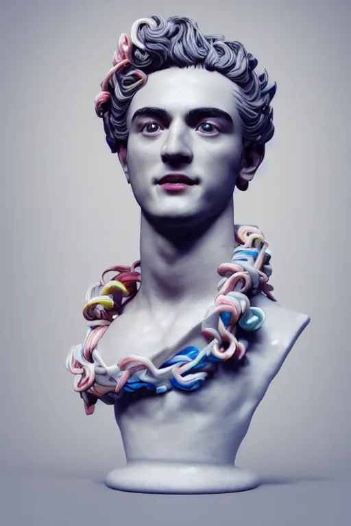 Prompt: a beautiful porcelain Baroque style bust of handsome young Spanish man with colored pipecleaners coming out of the neck suspended in space, photorealism, octane render, depth of field, 8k, 35mm, artgem, Trending on artstation