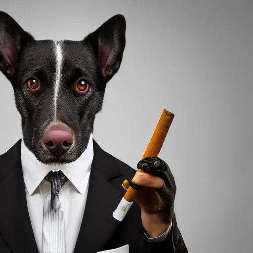 Image similar to a high detail closeup photograph of a dog wearing a suit 👔,and smoking a cigarrette🚬, award wining photograph, digital art