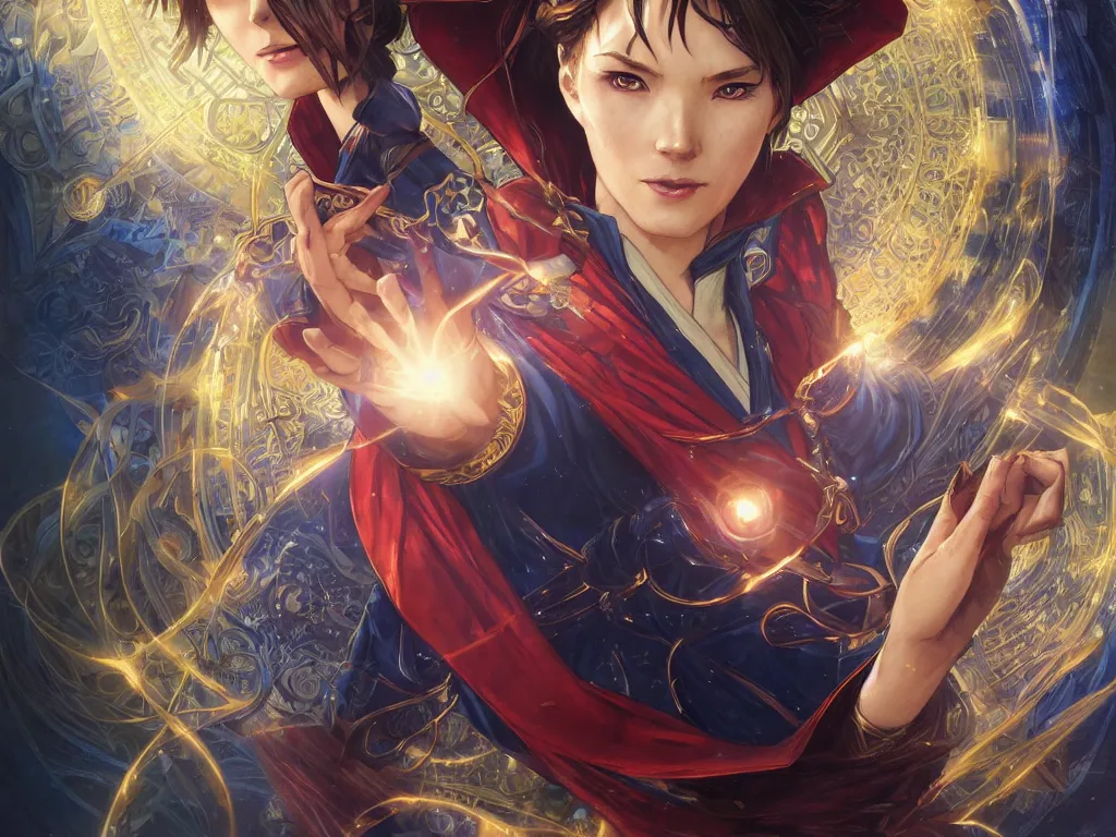 Image similar to anime key visual of a beautiful female doctor strange, marvel comics, spells, magic, intricate, magical village, stunning, highly detailed, digital painting, artstation, smooth, hard focus, illustration, art by artgerm and greg rutkowski and alphonse mucha