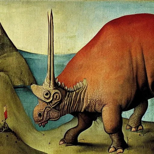 Prompt: Stunning painting of a triceratops by Hieronymus Bosch, high detail