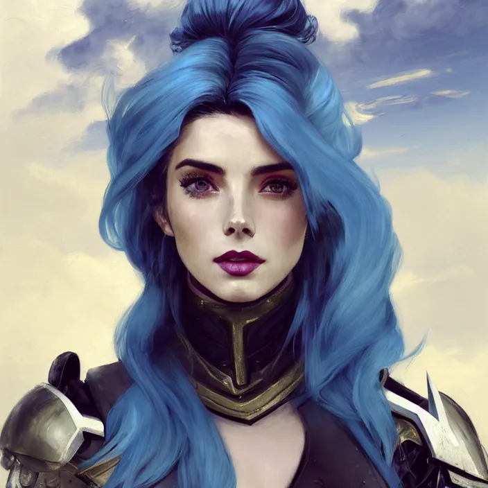 Image similar to portrait of a combination of Ashley Greene, Adriana Dxim, Grace Kelly and Lily Collins with blue hair in Warframe armor, countryside, calm, fantasy character portrait, dynamic pose, above view, sunny day, thunder clouds in the sky, artwork by Jeremy Lipkin and Giuseppe Dangelico Pino and Michael Garmash and Rob Rey and Greg Manchess and Huang Guangjian, very coherent asymmetrical artwork, sharp edges, perfect face, simple form, 100mm