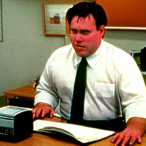 Image similar to clean - shaven chubby white man wearing a shirt and necktie sitting at a desk, 1 9 8 9 movie still, cinematography, cinematic lighting