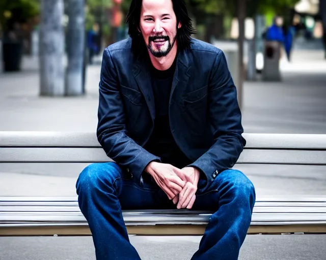 Image similar to 5 5 mm photo of happy keanu reeves in blue jeans and black jacket sitting on a bench in the street. dof. lifelike. ultra detailed. intricate. soft light. nikon d 8 5 0.