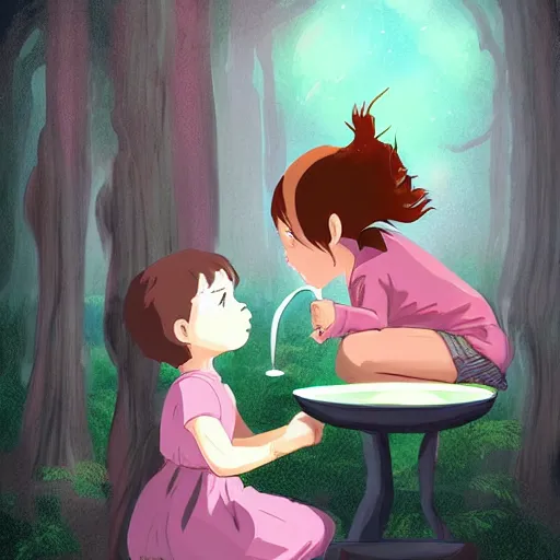 Prompt: little girl drinking tea with a friendly cryptid, digital art, studio ghibli