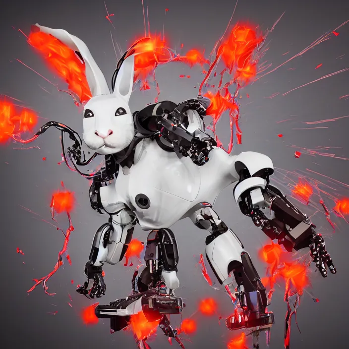 Image similar to hq studio portrait of electric - hydraulic robot - rabbit with blood gushing from it's mouth