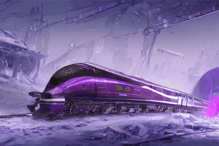 Image similar to willy wonka's grand intricate futuristic purple colorful bullet train, post - apocalyptic ice landscape in snowstorm, concept art, artstation, highly detailed, digital art