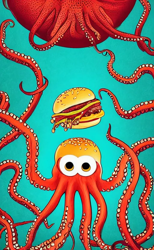 Prompt: highly detailed illustration of octopus eating a cheeseburger, concert poster, symmetrical, 8 k, trending, vintage