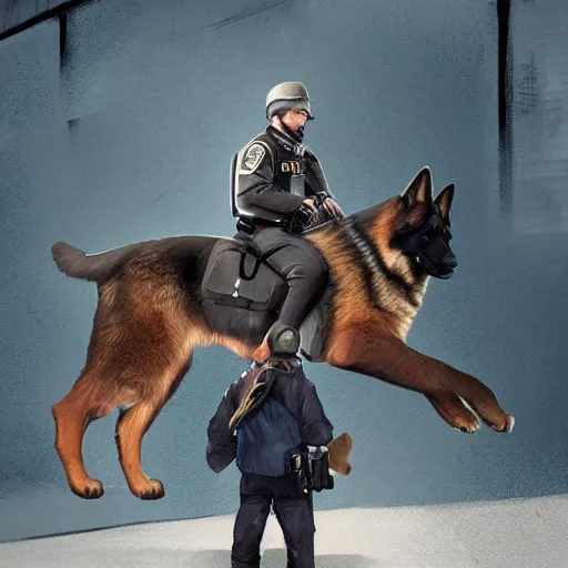 Image similar to police officer riding a giant German shepherd in the city, trending on artstation