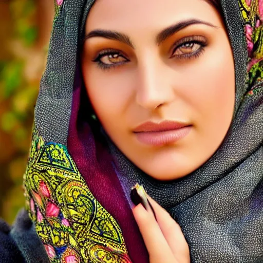 Prompt: Beautiful young moroccan woman wearing a detailed islamic scarf, detailed realistic eyes