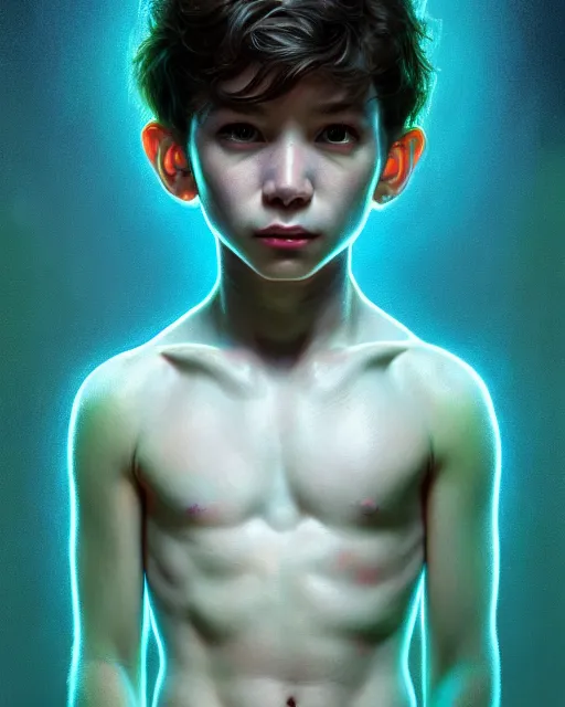 Image similar to portrait of a creepy cute boy, bioluminescent, highly detailed, digital painting, cinematic lighting, hyperrealism, dark retrowave, art by stanley lau and artgerm and magali villeneuve and alphonse mucha, artstation hd, octane render, cgsociety