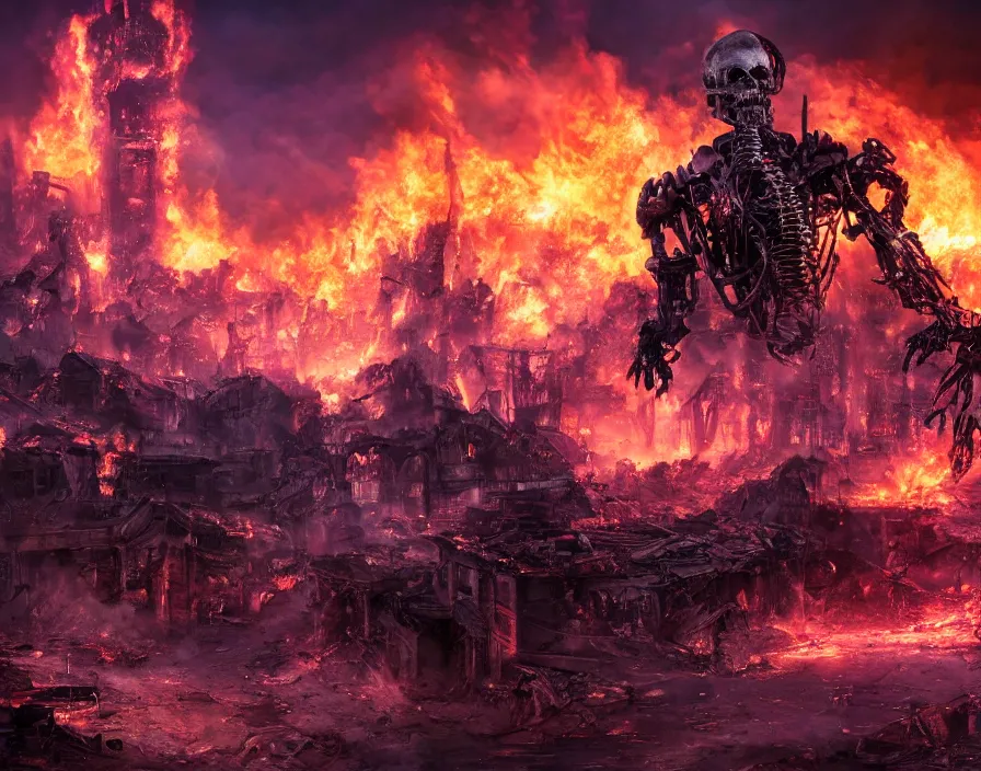 Image similar to terminator purple flaming skull, destroyed town on background, fantasy artwork, very beautiful scenery, hd, hdr, ue 5, ue 6, unreal engine 5, cinematic 4 k wallpaper, 8 k, ultra detailed, by popular digital, details, beautiful image ever created, high resolution, artstation, award winning, detailed body, details face, realistic body proportions