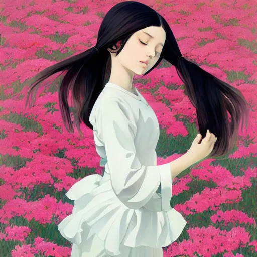 Image similar to little girl with flowers on her long black hair, dressed in a simple white dress, anime art style, digital artwork made by ilya kuvshinov, inspired in balthus