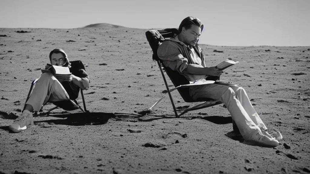 Image similar to A highly photographic render of Leonardo DiCaprio on the Moon, sitting on a lawn chair reading a book facing the camera. Medium shot, rim lighting, cinematic lighting, octane engine, photo realistic image, 4K, super detailed, cinematic look