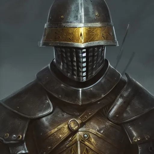 Prompt: Closeup of frustrated male medieval sergeant with a {short} beard and a steel open face helmet wearing a black!!!! and yellow tabard over a steel breastplate and a black gambeson, face visible, intricate, dramatic lighting, illustration by Greg Rutkowski, ArtStation, digital art, fantasy