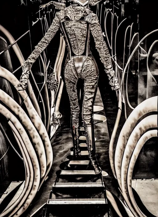 Image similar to walking down the catwalk, steven klein, show, stage, vogue photo, podium, h. r. giger organic steampunk fashion show photo,, beautiful woman, full body shot, masterpiece, inflatable shapes, white biomechanical details, highly detailed