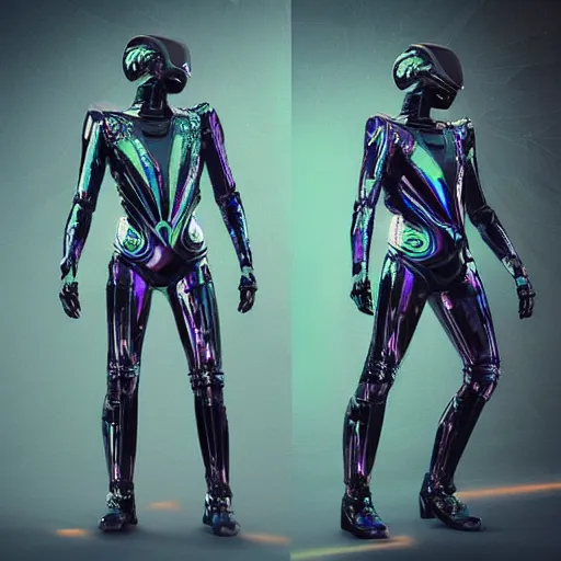 Image similar to “Powerful dark sleek humanoid being wearing iridescent shimmering cosmic gothic ninja armor made of circuit boards (Epic scene, rich atmosphere, octane render, full body portrait)”