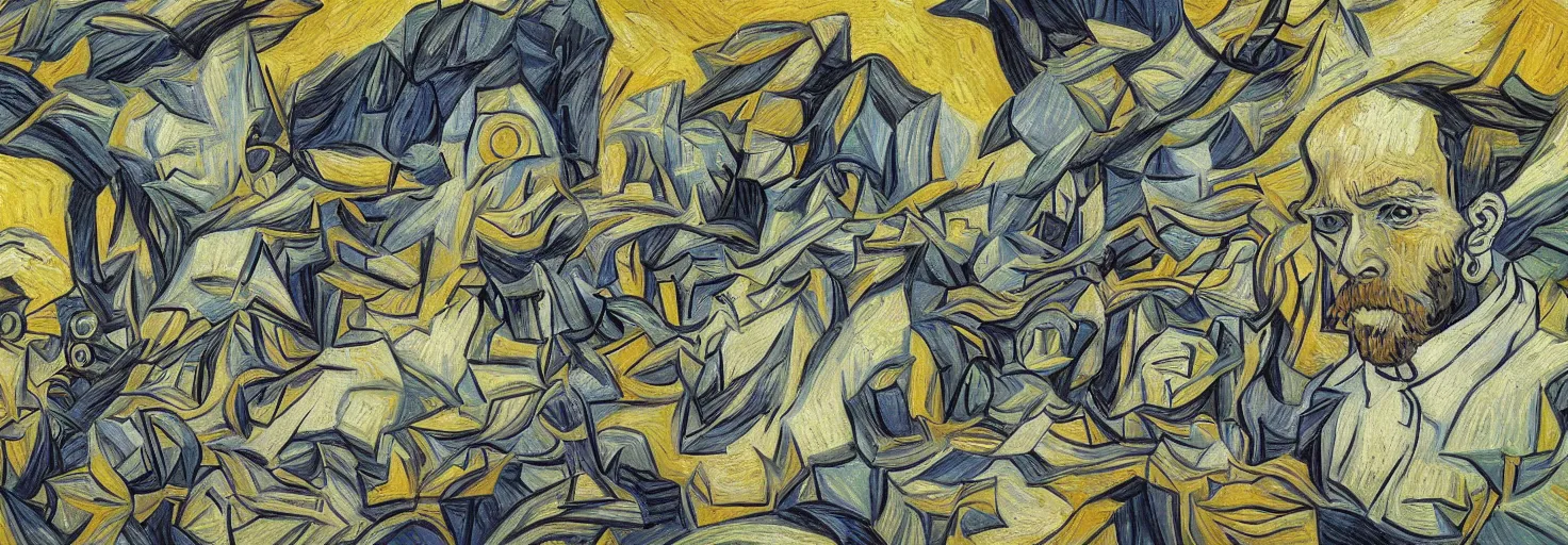 Image similar to Mural of AI art raising by Van Gogh and M. C. Escher collaboration, digital art, mix of aesthetics, close up, high details