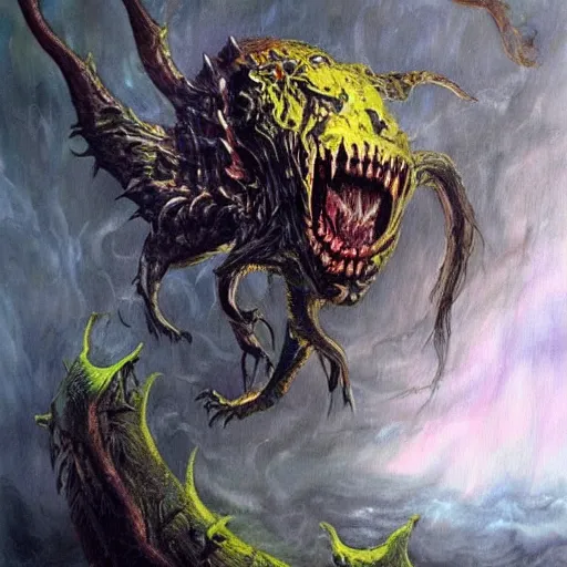 Image similar to Returnal creature monster oil painting fantasy epic, dark, creepy