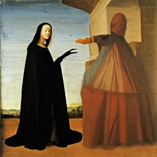 Image similar to woman in black cloak turns away from small bird, renaissance painting