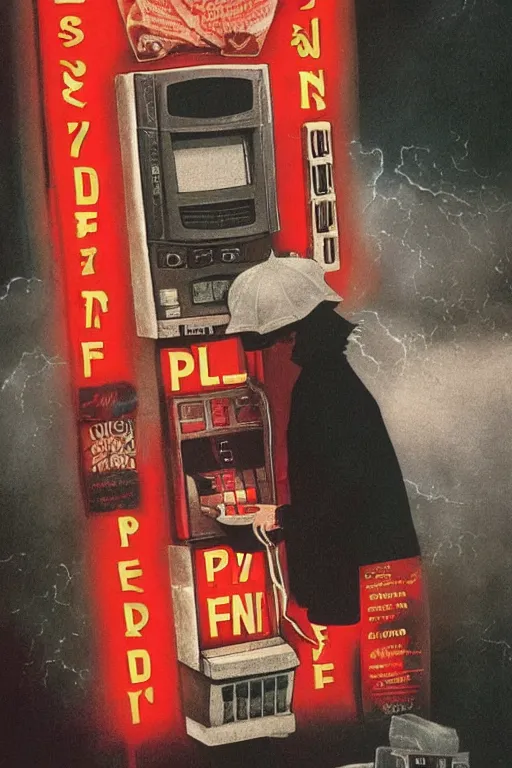 Image similar to an award - winning movie poster for a movie called senor featuring a junkie making a payphone call in a thunderstorm in queens at night in the 1 9 9 0 s