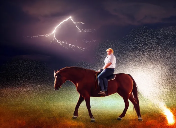 Image similar to obese donald trump riding a horse in the sky, lightning in background, shooting fireballs