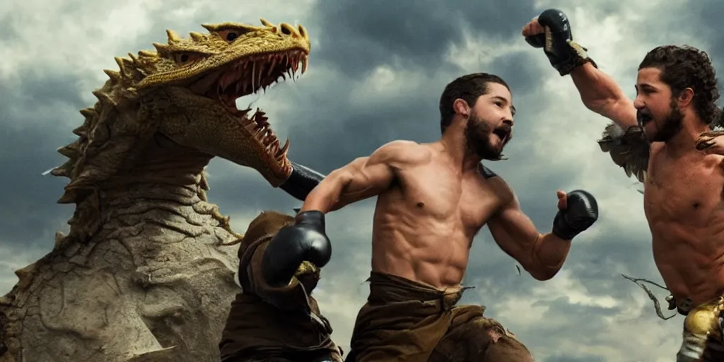 Prompt: shia labeouf punching a dragon in midair epic battle scene