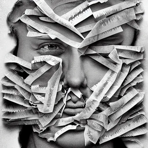 Image similar to face shredded like paper peeling, dark, surreal, illustration, by ally burke