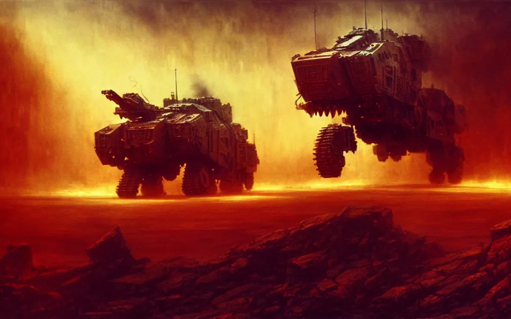 Image similar to a cinematic scene of a hulking armoured mech monster fighting in a hellish war by moebius and hr giger and beksinski, trending on artstation, digital art, 4 k resolution, detailed, high quality, sharp focus, hq artwork, insane detail, cinematic, volumetric lighting, dramatic lighting, epic light, cinematic aesthetic