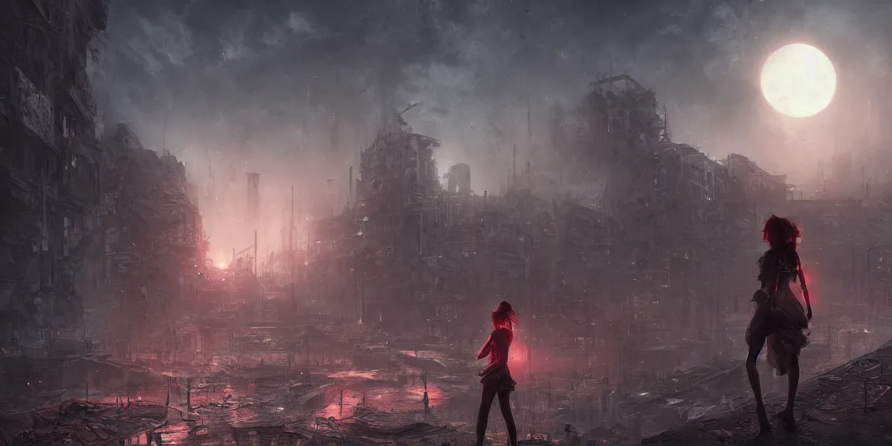 Image similar to a detailed illustration of a lonely girl against the background of a ravaged city and a red moon, artstation, by Frederik Heyman, sophisticated, Unreal engine, dystopia, anti-utopia, post processing, nostalgic melancholic artwork, intricate