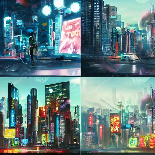 Image similar to photo of futuristic paintings displayed on big screen in cyberpunk city, enormously detailed, digital painting