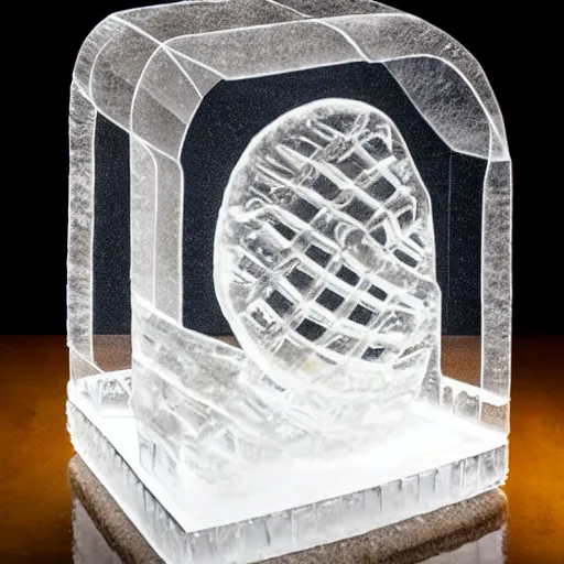 Image similar to a clear ice sculpture of a burger made entirely of ice, 4 k