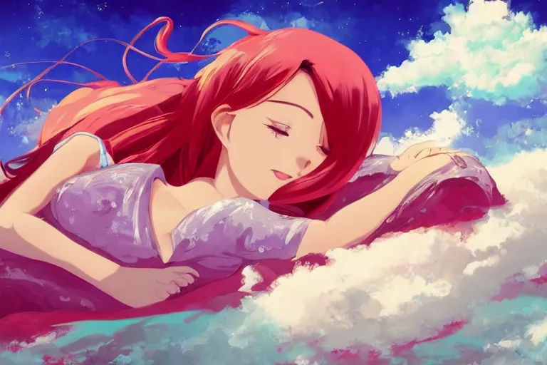 Image similar to a cute anime girl relaxing on a cloud by earle, eyvind, portrait,