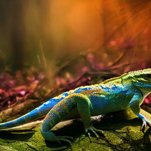 Prompt: highly detailed photograph of a lizard sitting in a steaming colorful hotspring with woodland forest backdrop, featured on artstation