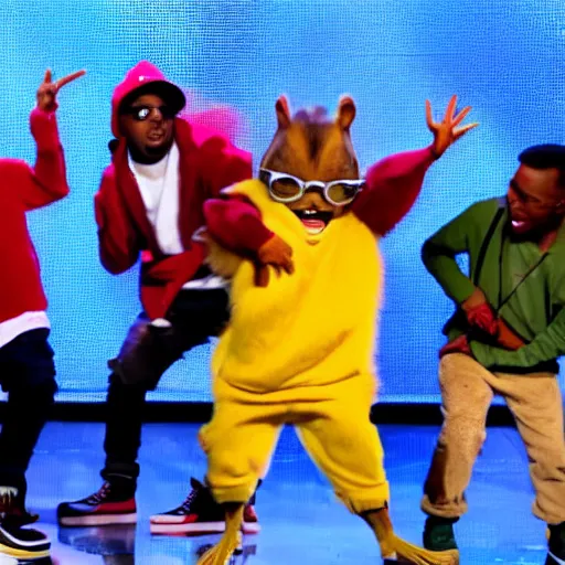 Image similar to kendrick lamar brings alvin and the chipmunks on stage to rap with him